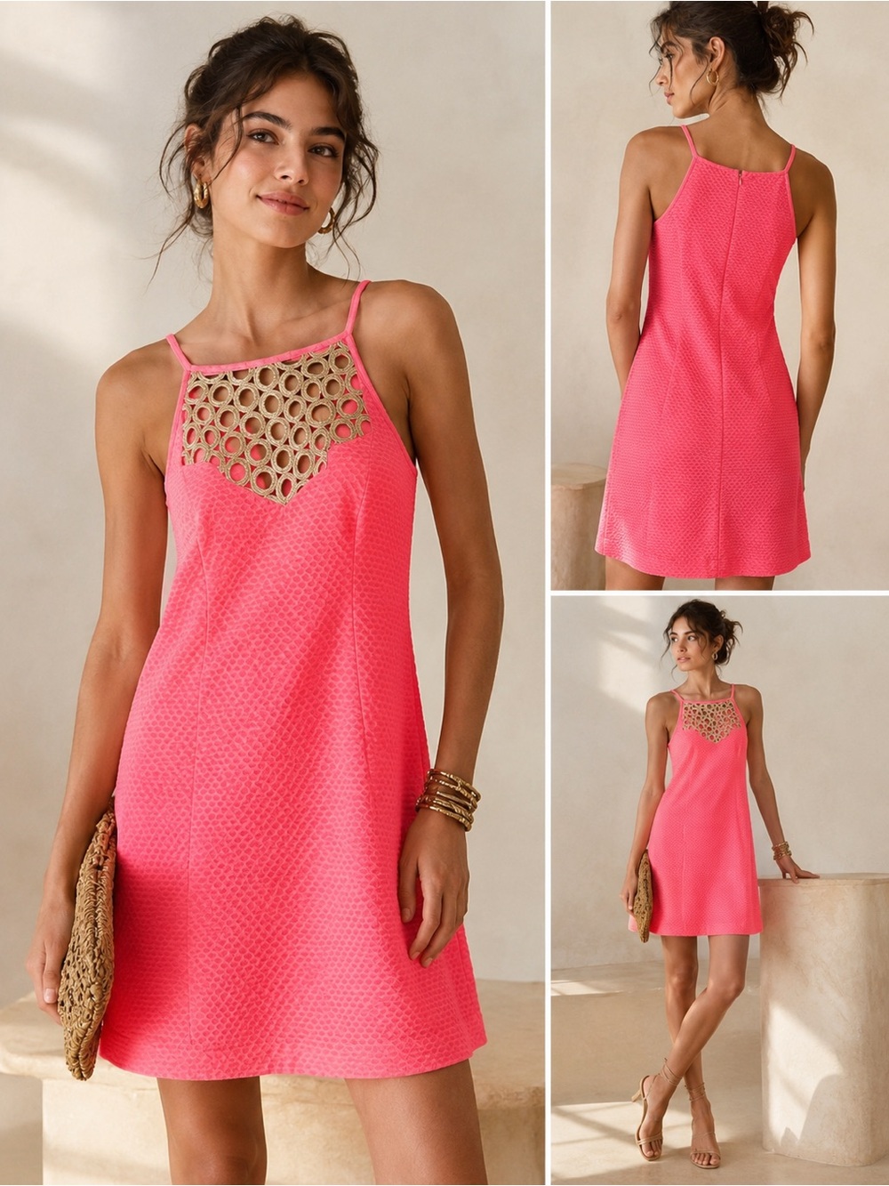 Lilly Pulitzer Coral Halter Dress with Gold Embroidered Cutouts